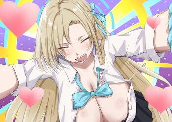 1girl :d absurdres aoki_hiro aqua_bow aqua_bowtie aqua_scrunchie asuna_(blue_archive) asuna_(school_uniform)_(blue_archive) black_bra black_skirt blonde_hair blue_archive blue_halo blue_ribbon blush bow bowtie bra bra_peek breasts bursting_breasts cleavage closed_eyes collarbone collared_shirt commentary_request dot_nose dutch_angle fang floating_hair floral_print flying_button hair_ribbon halo happy heart highres huge_breasts lace lace-trimmed_bra lace_trim long_hair loose_bowtie motion_lines open_mouth outstretched_arms pleated_skirt popped_button ribbon school_uniform scrunchie shirt skirt sleeves_rolled_up smile solo teeth unbuttoned underwear upper_teeth_only very_long_hair wardrobe_malfunction white_shirt wrist_scrunchie