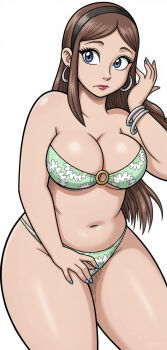 Rule 34 | alternate skin color, bikini, blue eyes, bracelet, breasts, earrings, hairband, highres, hoop earrings, jewelry, kenzie (omegasunburst), large breasts, long hair, non-web source, omegasunburst, plump, simple background, swimsuit, tagme, thick thighs, thighs
