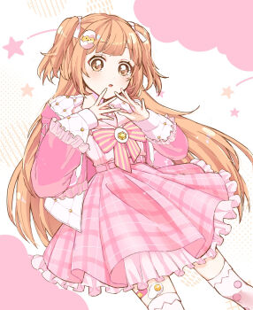 1girl asymmetrical_legwear bandaid_on_thigh belt blush bow bowtie drawstring dutch_angle egg_hair_ornament feet_out_of_frame food-themed_hair_ornament frilled_jacket frilled_sailor_collar frills from_below gem hair_ornament hair_ribbon hands_up highres hood hooded_jacket jacket kirara_tamako kirara_tamako_(2nd_costume) long_hair long_sleeves looking_at_viewer mismatched_legwear mmn_flower2 nijisanji open_clothes open_jacket orange_eyes orange_hair parted_lips petticoat pink_belt pink_bow pink_bowtie pink_jacket pink_sailor_collar pink_shirt pink_skirt plaid_clothes plaid_skirt pleated_skirt polka_dot polka_dot_background polka_dot_thighhighs puffy_long_sleeves puffy_sleeves quilted_jacket ribbon sailor_collar shirt skirt sleeves_past_wrists solo standing star_(symbol) sticker_on_leg striped_bow striped_bowtie striped_clothes thighhighs two-sided_fabric two-sided_jacket two_side_up virtual_youtuber white_background white_ribbon white_thighhighs yellow_gemstone