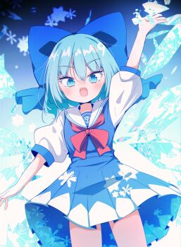 1girl :d absurdres arm_up blue_bow blue_dress blue_eyes blue_hair blue_sailor_collar blush bow bowtie cirno commentary_request cowboy_shot darumoon dress dutch_angle fang hair_bow highres ice ice_wings legs_apart looking_at_viewer open_mouth pinafore_dress pleated_skirt puffy_short_sleeves puffy_sleeves red_bow red_bowtie sailor_collar shirt short_hair short_sleeves skin_fang skirt sleeveless sleeveless_dress smile solo standing teeth touhou upper_teeth_only white_shirt wings