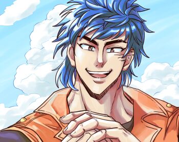 Rule 34 | 1boy, blue hair, blue sky, cloud, commentary, cracking knuckles, jumpsuit, looking at viewer, muscular, muscular male, open mouth, orange jumpsuit, outdoors, scar, scar on face, sky, smile, solo, teeth, thick eyebrows, toriko, toriko (series), trc no mugi (user gvcr8785), upper teeth only