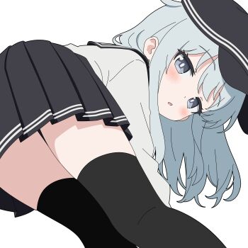 1girl absurdres black_hat black_skirt black_thighhighs blue_eyes commentary_request feet_out_of_frame from_behind grey_hair hat hibiki_(kancolle) highres kantai_collection long_hair looking_at_viewer looking_back sailor_collar sailor_shirt school_uniform serafuku shirt simple_background skirt solo sugapi thighhighs white_background white_shirt
