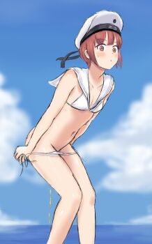 1girl beach bikini blush highres kantai_collection outdoors peeing public_indecency sailor_collar sweat swimsuit z3_max_schultz_(kancolle)