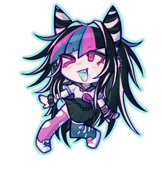 Rule 34 | 1girl, aqua outline, belt, black belt, black hair, black skirt, blue hair, blue sailor collar, blue streaks, blush, bracelet, chibi, chibi only, collared shirt, commentary, danganronpa (series), danganronpa 2: goodbye despair, dumo-demonz, ear piercing, elbow gloves, english commentary, face piercing, fang, fingerless gloves, full body, gloves, hair horns, hair intakes, jewelry, long hair, mioda ibuki, mismatched thighhighs, mouth piercing, multicolored gloves, multicolored hair, multiple rings, neckerchief, one eye closed, open mouth, outline, piercing, pink eyes, pink hair, pink neckerchief, pink streaks, ring, sailor collar, school uniform, scrunchie, serafuku, shirt, shoelaces, shoes, short sleeves, single elbow glove, single fingerless glove, skirt, smile, solo, streaked hair, striped clothes, striped gloves, teeth, thighhighs, torn clothes, torn thighhighs, transparent background, two-tone gloves, upper teeth only, white hair, white shirt, white shoes, wrist scrunchie