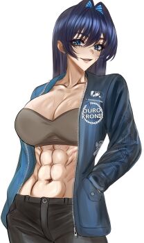 1girl abs absurdres black_pants blue_eyes blue_hair blue_jacket blush breasts cleavage commentary english_commentary fangs hand_in_pocket highres hololive hololive_english jacket large_breasts long_hair looking_at_viewer muscular muscular_female open_clothes open_jacket ouro_kronii pants sacrokies sharp_teeth smile solo sweat tank_top teeth virtual_youtuber white_background zipper