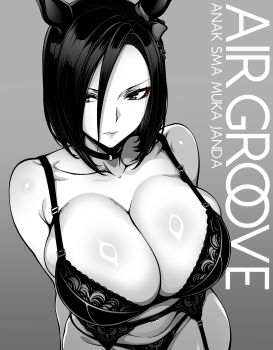 Rule 34 | 1girl, absurdres, air groove (umamusume), alkaid exec, animal ears, bra, breasts, character name, choker, cleavage, closed mouth, collarbone, ear ornament, eyeliner, garter belt, greyscale, hair between eyes, highres, horse ears, horse girl, huge breasts, indonesian text, lingerie, lips, long hair between eyes, makeup, monochrome, navel, panties, red eyeliner, short hair, solo, spot color, translation request, umamusume, underwear, upper body