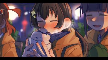 3girls :d :o =_= absurdres aijou_karen animal-themed_food arched_bangs bag black_hair blue_scarf blurry blurry_background blush breath brown_hair brown_jacket closed_eyes collared_shirt commentary crown_hair_ornament depth_of_field double-parted_bangs facing_ahead facing_another food glint green_mittens hair_ornament hand_blush hands_up highres holding holding_food hood hooded_jacket jacket kagura_hikari koujichu_00 letterboxed long_hair mittens multiple_girls night nose_blush one_side_up open_mouth out_of_frame outdoors own_hands_together paper purple_hair scarf shirt shoujo_kageki_revue_starlight sidelighting sidelocks smile sparkle_hair_ornament tokyo_tower tree tsuyuzaki_mahiru upper_body white_shirt