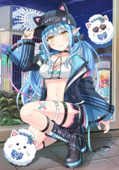 1girl animal_hat asymmetrical_legwear baseball_cap belt black_choker black_hat black_jacket black_nails black_shorts blue_hair blue_nails boots braid breasts cat_hat choker cleavage closed_mouth collarbone commentary_request double-parted_bangs elf fingernails fishnet_socks fishnets full_body hair_between_eyes hat hololive jacket large_breasts long_hair long_sleeves looking_at_viewer low_twintails nail_polish navel night official_alternate_costume open_clothes open_jacket outdoors pointy_ears short_shorts shorts side_braids siroimoyasi socks squatting stomach thigh_strap twintails very_long_hair virtual_youtuber white_belt yellow_eyes yukihana_lamy yukihana_lamy_(cyber) yukimin_(yukihana_lamy)