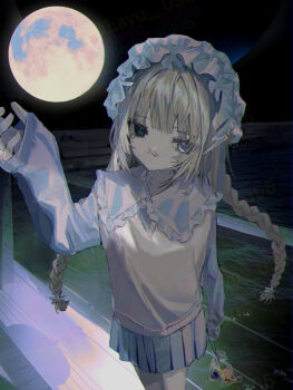 Rule 34 | 1girl, blonde hair, braid, commentary, cowboy shot, english commentary, frilled hairband, frilled shirt collar, frills, full moon, hairband, hand up, hayu (hayu0305), heterochromia, long hair, long sleeves, looking at viewer, miniskirt, moon, original, pleated skirt, skirt, sleeves past wrists, standing, twin braids