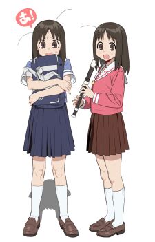 Rule 34 | 1girl, azumanga daioh's school uniform, azumanga daiou, bag, blue shirt, blue sky, brown eyes, brown hair, brown shoes, brown skirt, commentary, cyjalway, english commentary, flute, full body, highres, holding, holding bag, holding flute, holding instrument, instrument, kasuga ayumu, kneehighs, loafers, long hair, long sleeves, looking at viewer, multiple views, open mouth, pink shirt, pleated skirt, recorder, sailor collar, school bag, school uniform, serafuku, shadow, shirt, shoes, short sleeves, simple background, skirt, sky, socks, standing, stray hair, summer uniform, sweatdrop, white background, white sailor collar, white socks, winter uniform
