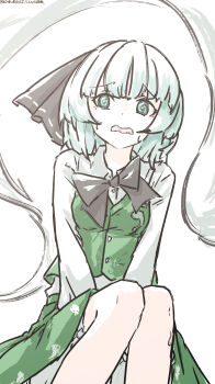 1girl @_@ absurdres black_bow black_bowtie black_hairband bloomers bow bowtie breasts collared_shirt commentary_request dated green_eyes green_skirt green_vest grey_hair hairband highres hitodama hitodama_print konpaku_youmu konpaku_youmu_(ghost) long_sleeves one-hour_drawing_challenge open_mouth shirt skirt skirt_set solo sweat touhou twitter_username underwear ve1024 vest white_bloomers white_shirt