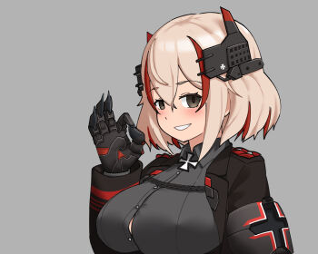 1girl armband azur_lane black_armband black_jacket blonde_hair blush breasts brown_eyes button_gap buttons commentary cross english_commentary fingernails grey_background grin hair_between_eyes hand_up headgear highres horns iron_cross jacket large_breasts long_sleeves looking_at_viewer mechanical_hands mechanical_horns multicolored_hair ok_sign open_clothes open_jacket open_mouth parallelrey red_hair red_streaks roon_(azur_lane) sharp_fingernails short_hair simple_background smile solo streaked_hair two-tone_hair upper_body