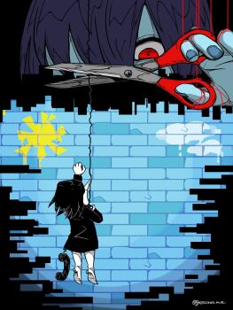 1boy 1other black_hair blue_skin brick colored_skin commentary corded_phone deltarune english_commentary gesonama hair_over_one_eye highres holding holding_scissors kris_(dark_world)_(deltarune) kris_(deltarune) phone puppet_strings red_eyes scissors signature spamton_g._spamton utdr_(toby_fox) white_skin