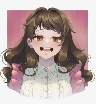 Rule 34 | 1girl, absurdres, blush, border, brown hair, center frills, commentary, cropped shoulders, english commentary, frills, green eyes, highres, kuraedo, long hair, looking at viewer, open mouth, original, outside border, pink background, shirt, smile, solo, swept bangs, white border, white shirt