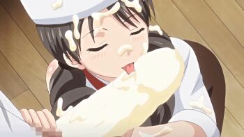 10s 1boy 1girl 2019 aged_down animated animated_gif anime_screenshot asou_miyuri breasts chef_hat closed_eyes cream cream_on_body doki_doki_little_ooya-san drill_hair erection fellatio flat_chest food food_on_body food_on_penis hat hetero kitchen licking licking_penis loli long_hair low_twintails lowres oral penis ponytail small_breasts tanaka_daisuke tongue tongue_out twintails