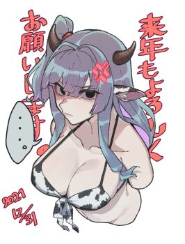 Rule 34 | ..., 2021, anger vein, animal ear fluff, animal ears, animal print, bare shoulders, bikini, bikini top only, black eyes, breasts, brown horns, chinese zodiac, cleavage, closed mouth, collarbone, cow ears, cow horns, cow print, dated, grey background, grey hair, hair between eyes, highres, horns, long hair, looking at viewer, multicolored hair, navel, original, purple hair, side ponytail, simple background, spoken ellipsis, swimsuit, toriniku29, two-tone hair, year of the ox