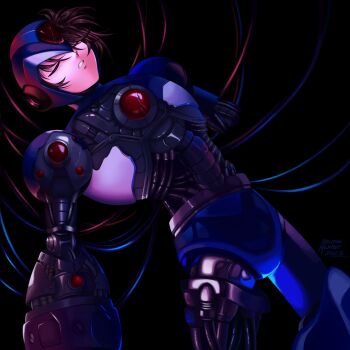 1boy amputee android animemaster armor black_background blue_armor blue_helmet brown_hair chest_jewel clenched_teeth closed_eyes commentary dated english_commentary forehead_jewel helmet highres jewelry joints mega_man_(series) mega_man_x_(series) robot robot_ears robot_joints signature simple_background solo teeth wire x_(mega_man)