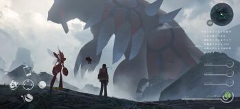 1girl absurdres asteroid_ill backpack bag black_gloves black_pants cloud commentary_request day fog gen_2_pokemon gen_3_pokemon gen_8_pokemon giant gloves groudon heads-up_display health_bar highres jacket legendary_pokemon minimap nintendo orbeetle outdoors pants pokemon pokemon_(creature) red_jacket ruins scenery scizor size_difference standing swablu translation_request user_interface wide_shot