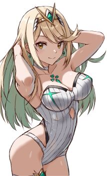 1girl adjusting_hair bare_shoulders blonde_hair breasts chest_jewel commentary_request cowboy_shot earrings highres jewelry large_breasts long_hair looking_at_viewer mota_saru mythra_(radiant_beach)_(xenoblade) mythra_(xenoblade) one-piece_swimsuit simple_background smile solo strapless strapless_one-piece_swimsuit swimsuit tiara white_background white_one-piece_swimsuit xenoblade_chronicles_(series) xenoblade_chronicles_2 yellow_eyes
