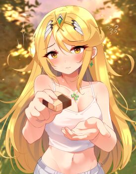 1girl absurdres alternate_costume blonde_hair blurry blurry_background blush breasts chocolate cleavage collarbone commentary commentary_request core_crystal_(xenoblade) earrings english_commentary farrel_kb flying_sweatdrops food furrowed_brow highres holding holding_chocolate holding_food incoming_food jewelry large_breasts long_hair mixed-language_commentary mythra_(xenoblade) navel outdoors solo sparkle standing tiara upper_body xenoblade_chronicles_(series) xenoblade_chronicles_2 yellow_eyes