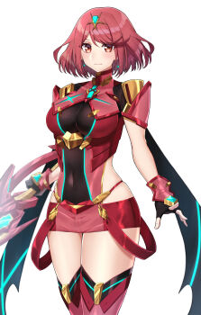 1girl aegis_sword_(xenoblade) backless_outfit black_gloves bob_cut breasts chest_jewel commentary_request earrings fingerless_gloves floating_earrings g-string gloves highres impossible_clothes jewelry large_breasts micro_shorts pyra_(xenoblade) red_eyes red_hair red_shorts shinae short_hair short_shorts short_sleeves shorts skindentation solo swept_bangs sword thighhighs thong tiara weapon xenoblade_chronicles_(series) xenoblade_chronicles_2