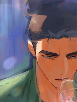 1boy absurdres ao_isami black_hair bottle gamti0 grey_eyes highres male_focus parted_lips portrait short_hair solo split_screen sweat water_bottle yuuki_bakuhatsu_bang_bravern