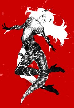 1girl artist_name breasts choker cleavage commentary dola_(1st_costume)_(nijisanji) dola_(nijisanji) dragon_girl dragon_horns dragon_tail eyelashes floating_hair full_body gloves greyscale_with_colored_background high_heels highres horns kyuyuebi large_breasts long_hair navel nijisanji parted_lips partially_fingerless_gloves plunging_neckline red_background scales single_leg_bodysuit solo symbol-only_commentary tail thigh_strap underboob virtual_youtuber