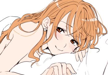 1boy 1girl bare_shoulders bed_sheet blush brown_eyes chatubo closed_mouth commentary earrings hair_behind_ear highres holding_hands jewelry long_hair looking_at_viewer lying monkey_d._luffy morning nami_(one_piece) nude on_stomach one_piece orange_hair pearl_earrings pillow pov pov_hands smile under_covers upper_body wavy_hair white_background