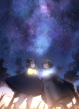 antennae bird_girl bird_tail bird_wings black_cape black_eyes black_hair black_sweater blue_bow blue_bowtie blue_eyes blush bow bowtie breasts cape cowboy_shot galaxy gloves gradient_bow hachikuji_kenuta hair_between_eyes head_wings highres kemono_friends kemono_friends_2 long_sleeves milky_way multicolored_bow multicolored_bowtie multiple_girls nebula night night_sky open_mouth outdoors scenery short_hair simple_background sky sky_focus smile standing star_(sky) starry_sky superb_bird-of-paradise_(kemono_friends) sweater tail western_parotia_(kemono_friends) wings