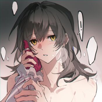 ! 2girls bite_mark bite_mark_on_neck blank_speech_bubble blush collarbone commentary female_pov gloves gradient_background grey_background grey_hair hand_on_another&#039;s_face hashtag-only_commentary highres holding_another&#039;s_wrist honkai:_star_rail honkai_(series) kafka_(honkai:_star_rail) long_hair multiple_girls nude pov purple_gloves shirt speech_bubble spoken_exclamation_mark stelle_(honkai:_star_rail) tears trailblazer_(honkai:_star_rail) white_shirt xianyuqihaouki yuri