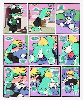 1boy 2022 animal animal_crossing animal_ears anus artist_name bed blonde_hair blush bottomless comic crushpepper cum furry furry_male highres inanimate_object indoors male_focus missionary nintendo on_bed open_mouth pawpads penis rabbit rabbit_boy sasha_(animal_crossing) sex_toy stuffed_toy tired_eyes toy