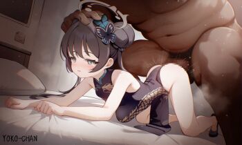 1boy 1girl all_fours ass bare_hips bare_legs bare_shoulders bed bed_sheet black_hair black_shoes blue_archive blue_eyes blush censored china_dress chinese_clothes dark-skinned_male dark_skin deep_penetration double_bun dress embarrassed expressionless eyebrows_hidden_by_hair eyelashes fat fat_man flat_chest full_body grey_halo hair_bun halo hand_on_another&#039;s_head hetero huge_penis indoors interracial kisaki_(blue_archive) large_variant_set loli long_hair looking_at_viewer mosaic_censoring on_bed open_mouth pelvic_curtain penis rape scared sex sex_from_behind sheet_grab shoes sleeveless sleeveless_dress solo_focus stomach_bulge tears testicles twintails vaginal variant_set very_dark_skin yoko-chan_(mijizukeyoko)