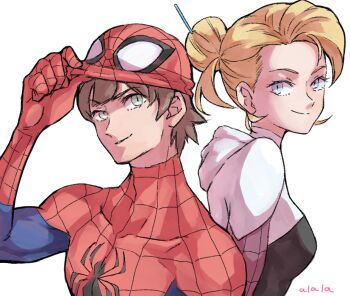 1boy 1girl aqua_eyes blonde_hair brown_hair closed_mouth commentary_request eyelashes gwen_stacy hair_bun hood hood_down marvel peter_parker short_hair simple_background single_hair_bun smile spider-gwen spider-man spider-man_(series) superhero_costume sushi_pizza_rrr white_background