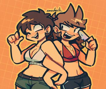 Rule 34 | 2girls, alternate costume, artist name, bikini, bikini top only, black shorts, border, breasts, brown eyes, brown hair, cleavage, commentary, cowboy shot, earrings, eddsworld, ell (eddsworld), emocheeto, english commentary, eye contact, fang, food, green shorts, grey eyes, grid background, hair bobbles, hair ears, hair ornament, highres, holding, holding food, holding popsicle, jewelry, locked arms, long hair, looking at another, medium breasts, multiple girls, necklace, one eye closed, open mouth, orange background, ponytail, popsicle, red bikini, shorts, simple background, small breasts, smile, standing, star (symbol), star earrings, swimsuit, thick lineart, tori (eddsworld), very long hair, white bikini, yellow border