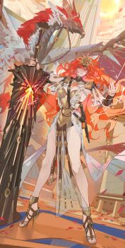 Rule 34 | 1girl, absurdres, ancient greek clothes, arm armor, armor, augusta (wuthering waves), bare legs, black collar, breastplate, breasts, closed mouth, collar, commentary, english commentary, full body, greatsword, greco-roman clothes, hair between eyes, hand up, headgear, highres, holding, holding sword, holding weapon, legs, long hair, looking at viewer, medium breasts, nslacka, orange hair, outdoors, red eyes, red petals, sheath, solo, standing, sun, sun necklace, sword, tacet discord (wuthering waves), tacet mark (wuthering waves), thighs, very long hair, weapon, wuthering waves