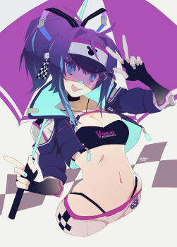 Rule 34 | 1girl, bandaid, bandaid on face, bandaid on nose, black gloves, black tube top, blue streaks, breasts, commentary, cropped jacket, english commentary, epebe, fingerless gloves, gloves, highleg, highleg panties, highres, holding, holding umbrella, jacket, looking at viewer, medium breasts, melody (projektmelody), melody (projektmelody) (race queen), multicolored hair, navel, panties, purple hair, purple jacket, shorts, smile, solo, strapless, streaked hair, tube top, umbrella, underwear, virtual youtuber, vshojo, white shorts