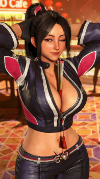1girl black_jacket breasts brown_eyes brown_hair fatal_fury folded_fan folding_fan game_screenshot hand_fan jacket large_breasts looking_at_viewer object_between_breasts ponytail scboy1996 shiranui_mai street_fighter street_fighter_6 tagme the_king_of_fighters watermark