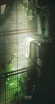Rule 34 | barred window, cityscape, comforter, commentary, highres, moss, mr marker, no humans, original, overgrown, photo-referenced, post-apocalypse, signature, tile wall, tiles, window