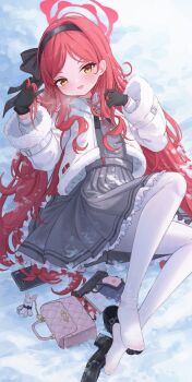 1girl :d \||/ absurdres akizuki_kawakaze bag black_bow black_gloves black_hairband black_shoes blue_archive blush bow commentary day dress feet forehead frilled_dress frills full_body fur-trimmed_jacket fur-trimmed_sleeves fur_trim gloves grey_dress gun hair_behind_ear hair_bow hair_spread_out hairband halo handbag handgun hands_up highres jacket long_hair long_sleeves lying mary_janes no_shoes on_back open_clothes open_jacket open_mouth outdoors pantyhose parted_bangs pink_bag playing_with_own_hair pleated_skirt red_hair red_halo shoes sidelighting sidelocks skirt smile smug snow solo takane_(blue_archive) toes unworn_shoes v-shaped_eyebrows very_long_hair weapon white_jacket white_pantyhose wide_sleeves winter yellow_eyes