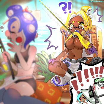!? absurdres assisted_exposure big_man_(splatoon_raiders) blood blurry blurry_foreground breasts crop_top dark-skinned_female dark_skin fishing fishing_rod frye_(splatoon_raiders) highres indian_style inkling large_breasts mechanic_(splatoon_raiders) nintendo norishiitsu nosebleed octoling shiver_(splatoon_raiders) sitting splatoon_(series) splatoon_raiders tentacle_hair underboob wardrobe_malfunction yawning