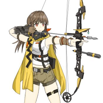 1girl bare_shoulders belt black_belt bow_(weapon) breasts brown_gloves brown_hair brown_shorts closed_mouth commentary_request compound_bow cowboy_shot falcon_(girls&#039;_frontline) girls&#039;_frontline girls&#039;_frontline_neural_cloud gloves highres holding holding_bow_(weapon) holding_weapon long_hair midriff radar65108267 red_eyes shirt short_shorts shorts simple_background single_glove sockdolager_(neural_cloud) solo standing weapon white_background white_shirt yellow_cloak