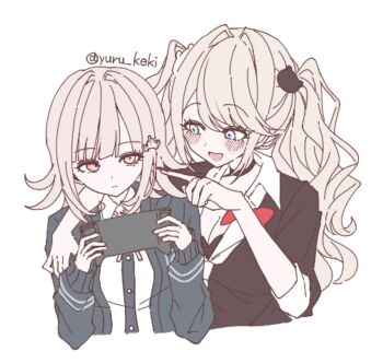 Rule 34 | 2girls, :d, alternate hairstyle, artist name, bear hair ornament, black shirt, blonde hair, blue eyes, blush, bow, breasts, brown hair, choker, cleavage, commentary request, danganronpa: trigger happy havoc, danganronpa (series), danganronpa 2: goodbye despair, enoshima junko, grey eyes, hair ornament, handheld game console, holding, holding handheld game console, jacket, large breasts, long hair, medium hair, multiple girls, nail polish, nanami chiaki, neck ribbon, necktie, open clothes, open jacket, open mouth, pink eyes, pointing, pointing at another, red bow, red nails, ribbon, shirt, sleeves rolled up, smile, twintails, two-tone necktie, white shirt, yuru keki