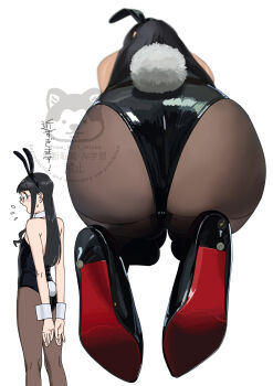 1girl animal_ear_hairband animal_ears ass black_hair black_leotard black_pantyhose blue_eyes breasts detached_collar fake_animal_ears from_above glasses hairband highres kantai_collection leotard long_hair looking_at_viewer looking_back multiple_views ojipon ooyodo_(kancolle) pantyhose playboy_bunny rabbit_ears rabbit_tail simple_background small_breasts solo standing strapless strapless_leotard tail watermark white_background wrist_cuffs