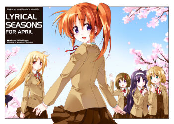 Rule 34 | 5girls, ahoge, arisa bunnings, artist name, blonde hair, brown hair, cherry blossoms, fate testarossa, green eyes, hair ornament, hairband, kuroi mimei, long hair, low-tied long hair, lyrical nanoha, mahou shoujo lyrical nanoha, mahou shoujo lyrical nanoha a's, multiple girls, orange hair, purple eyes, purple hair, red eyes, red hair, school uniform, short hair, side ponytail, takamachi nanoha, tsukimura suzuka, x hair ornament, yagami hayate