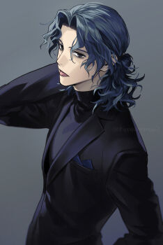 1boy artist_name black_eyes black_suit blue_hair fate/grand_order fate_(series) formal_clothes grey_background hair_intakes hand_on_own_neck highres looking_at_viewer male_focus medium_hair saitou_hajime_(fate) shippaiderman shirt simple_background solo suit tongue tongue_out turtleneck turtleneck_shirt wavy_hair