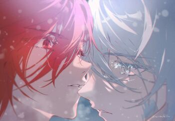 2boys ainchase_ishmael artist_name chromatic_aberration close-up commentary_request elsword elsword_(character) eyelashes face-to-face hair_between_eyes herrscher_(elsword) highres immortal_(elsword) korean_commentary male_focus multiple_boys parted_lips ringed_eyes secondterra twitter_username water_drop white_eyes white_hair