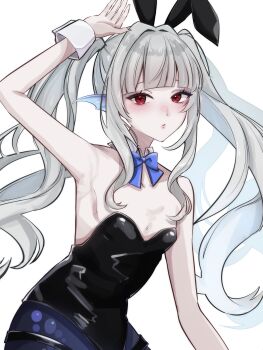 1girl absurdres animal_ear_hairband animal_ears arm_up armpits bare_shoulders black_leotard black_tail blue_ribbon blush bow bowtie breasts cleavage commentary_request detached_collar fake_animal_ears fins hairband head_fins highres leotard lilyfff lilyfff5252 long_hair long_sidelocks looking_at_viewer mermaid monster_girl nontraditional_playboy_bunny original playboy_bunny presenting_armpit rabbit_ear_hairband rabbit_ears red_eyes ribbon sidelocks simple_background small_breasts solo strapless strapless_leotard twintails virtual_youtuber white_background wrist_cuffs