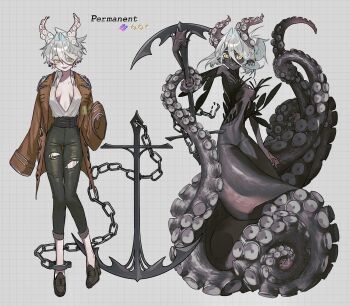 1girl absurdres anchor black_skin breasts brown_jacket chain cleavage collared_shirt colored_skin commentary corset ear_piercing english_text highres holding horizontal_pupils horns jacket medium_breasts monster_girl open_clothes open_mouth open_shirt original piercing pointy_ears ryoryo. scylla shirt short_hair teeth tentacles white_hair yellow_eyes