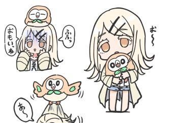 1girl :&gt; bird blue_shorts brown_eyes brown_hair brown_jacket chibi colored_eyelashes commentary_request crossover gakuen_idolmaster gen_7_pokemon idolmaster jacket kawamochi_(kawauti919) long_hair long_sleeves multiple_views nintendo on_head open_clothes open_jacket owl pokemon pokemon_(creature) rowlet shinosawa_hiro shirt short_shorts shorts simple_background sleeves_past_wrists smile standing swept_bangs translation_request triangle_mouth turn_pale white_background white_shirt