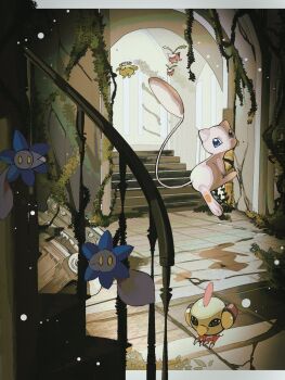 bird blue_eyes commentary_request floating gen_1_pokemon gen_2_pokemon glimmet highres hoppip leaf legendary_pokemon mew_(pokemon) moss mythical_pokemon natu nintendo no_humans overgrown pokemon pokemon_(creature) pokemon_focus reo_(mmocc123) ruins skiploom tail wings yellow_eyes